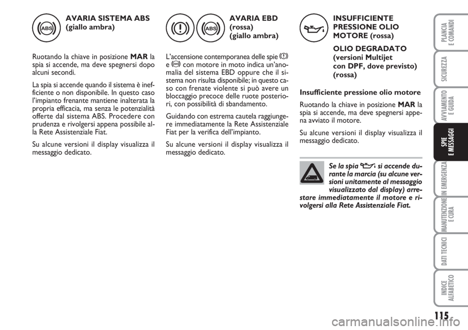 FIAT FIORINO 2007  Libretto Uso Manutenzione (in Italian) 115
IN EMERGENZA
MANUTENZIONE
E CURA
DATI TECNICI
INDICE
ALFABETICO
PLANCIA
E COMANDI
SICUREZZA
AVVIAMENTO 
E GUIDA
SPIE
E MESSAGGI
AVARIA SISTEMA ABS
(giallo ambra)
Ruotando la chiave in posizione MA