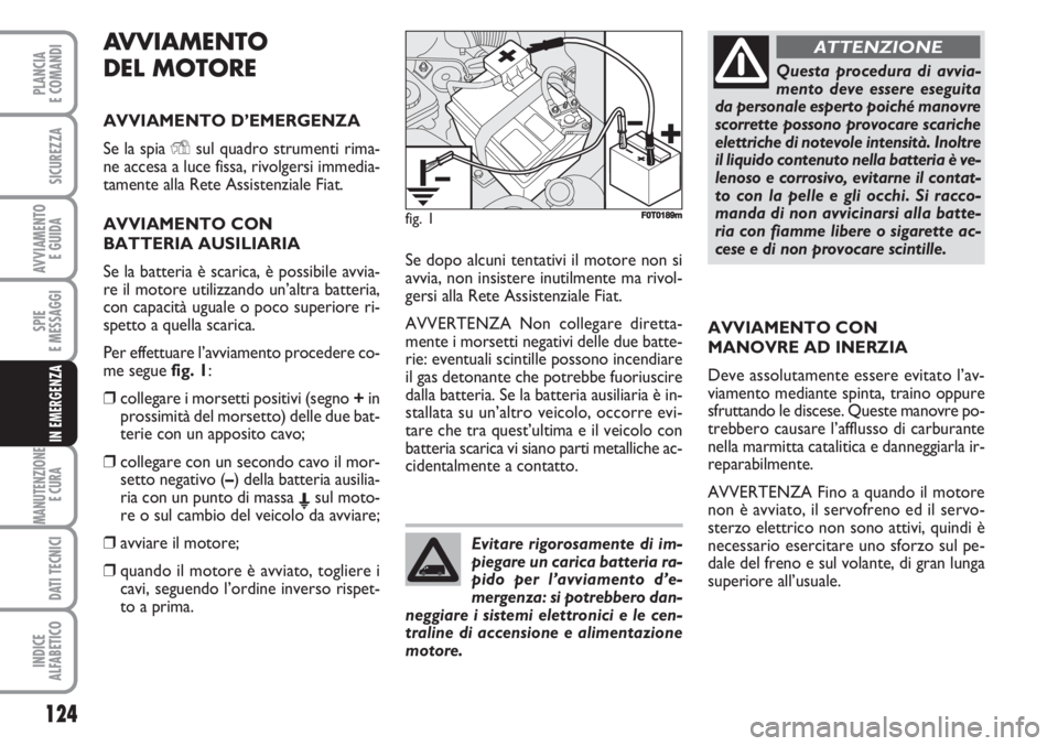 FIAT FIORINO 2007  Libretto Uso Manutenzione (in Italian) AVVIAMENTO
DEL MOTORE
AVVIAMENTO D’EMERGENZA
Se la spia Ysul quadro strumenti rima-
ne accesa a luce fissa, rivolgersi immedia-
tamente alla Rete Assistenziale Fiat.
AVVIAMENTO CON 
BATTERIA AUSILIA