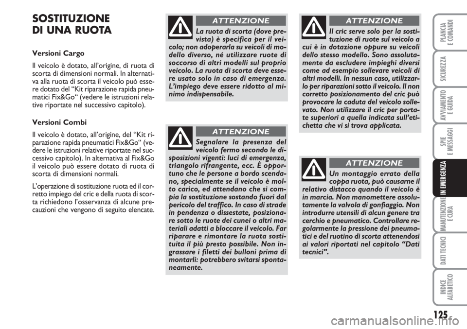 FIAT FIORINO 2007  Libretto Uso Manutenzione (in Italian) 125
SPIE
E MESSAGGI
MANUTENZIONE
E CURA
DATI TECNICI
INDICE
ALFABETICO
PLANCIA
E COMANDI
SICUREZZA
AVVIAMENTO 
E GUIDA
IN EMERGENZA
SOSTITUZIONE
DI UNA RUOTA
Versioni Cargo 
Il veicolo è dotato, all