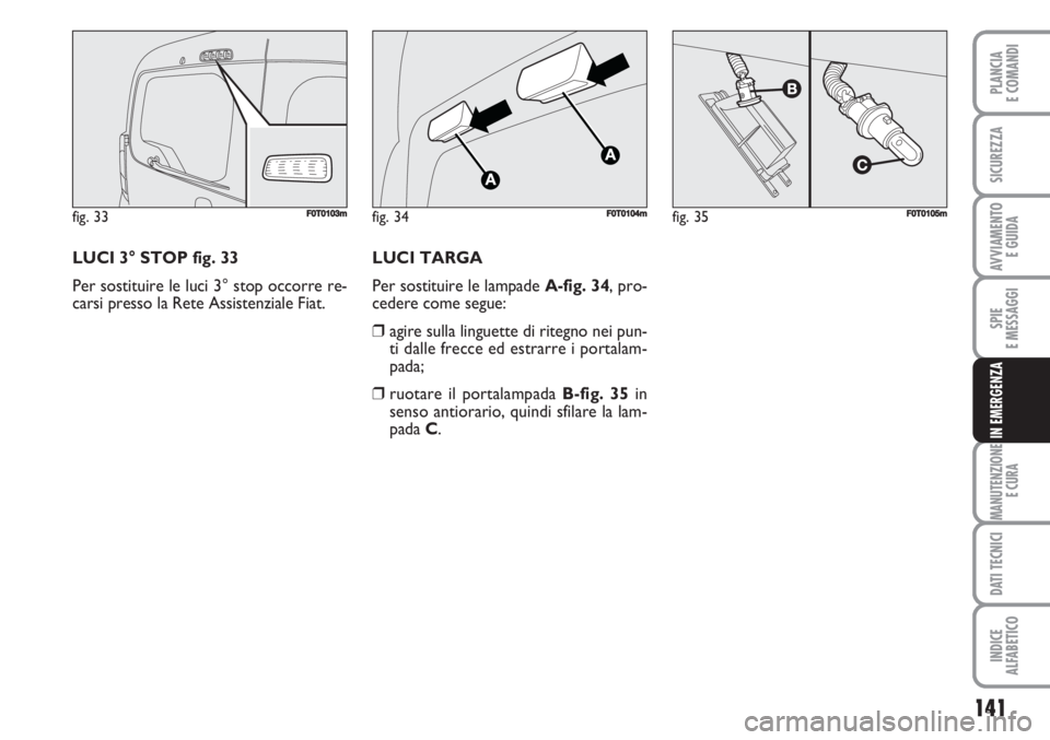 FIAT FIORINO 2007 Libretto Uso Manutenzione (in Italian) 141
SPIE
E MESSAGGI
MANUTENZIONE
E CURA
DATI TECNICI
INDICE
ALFABETICO
PLANCIA
E COMANDI
SICUREZZA
AVVIAMENTO
E GUIDA
IN EMERGENZA
LUCI 3° STOP fig. 33
Per sostituire le luci 3° stop occorre re-
ca FIAT FIORINO 2007 Libretto Uso Manutenzione (in Italian) 141
SPIE
E MESSAGGI
MANUTENZIONE
E CURA
DATI TECNICI
INDICE
ALFABETICO
PLANCIA
E COMANDI
SICUREZZA
AVVIAMENTO
E GUIDA
IN EMERGENZA
LUCI 3° STOP fig. 33
Per sostituire le luci 3° stop occorre re-
ca