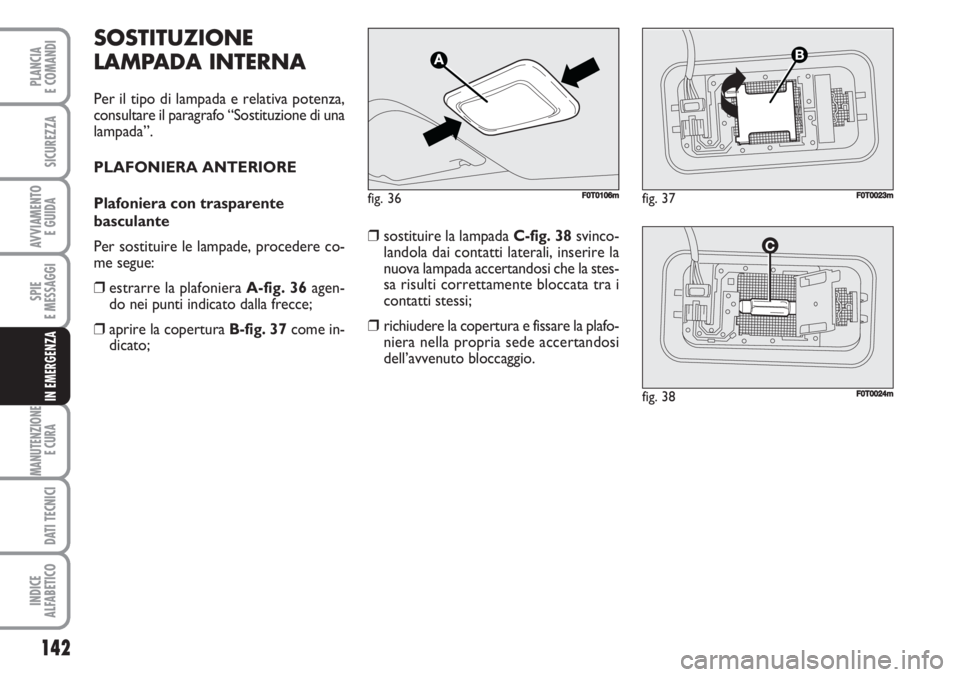 FIAT FIORINO 2007 Libretto Uso Manutenzione (in Italian) 142
SPIE
E MESSAGGI
MANUTENZIONE
E CURA
DATI TECNICI
INDICE
ALFABETICO
PLANCIA
E COMANDI
SICUREZZA
AVVIAMENTO
E GUIDA
IN EMERGENZA
SOSTITUZIONE
LAMPADA INTERNA
Per il tipo di lampada e relativa pote FIAT FIORINO 2007 Libretto Uso Manutenzione (in Italian) 142
SPIE
E MESSAGGI
MANUTENZIONE
E CURA
DATI TECNICI
INDICE
ALFABETICO
PLANCIA
E COMANDI
SICUREZZA
AVVIAMENTO
E GUIDA
IN EMERGENZA
SOSTITUZIONE
LAMPADA INTERNA
Per il tipo di lampada e relativa pote