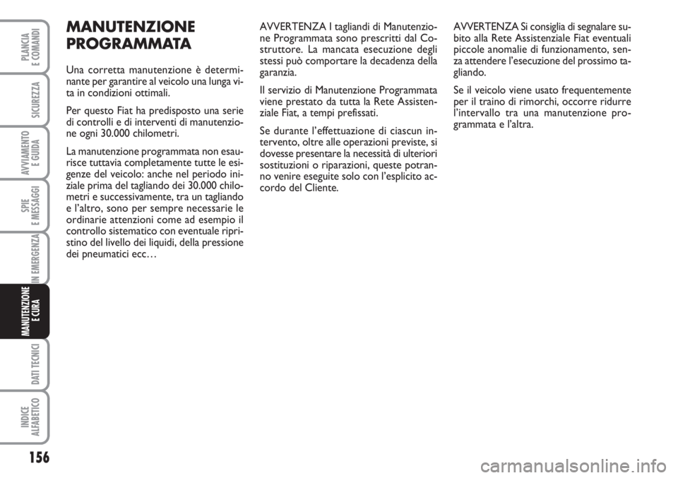FIAT FIORINO 2007  Libretto Uso Manutenzione (in Italian) 156
SPIE
E MESSAGGI
DATI TECNICI
INDICE
ALFABETICO
PLANCIA
E COMANDI
SICUREZZA
AVVIAMENTO 
E GUIDA
IN EMERGENZA
MANUTENZIONE
E CURA 
MANUTENZIONE
PROGRAMMATA
Una corretta manutenzione è determi-
nant