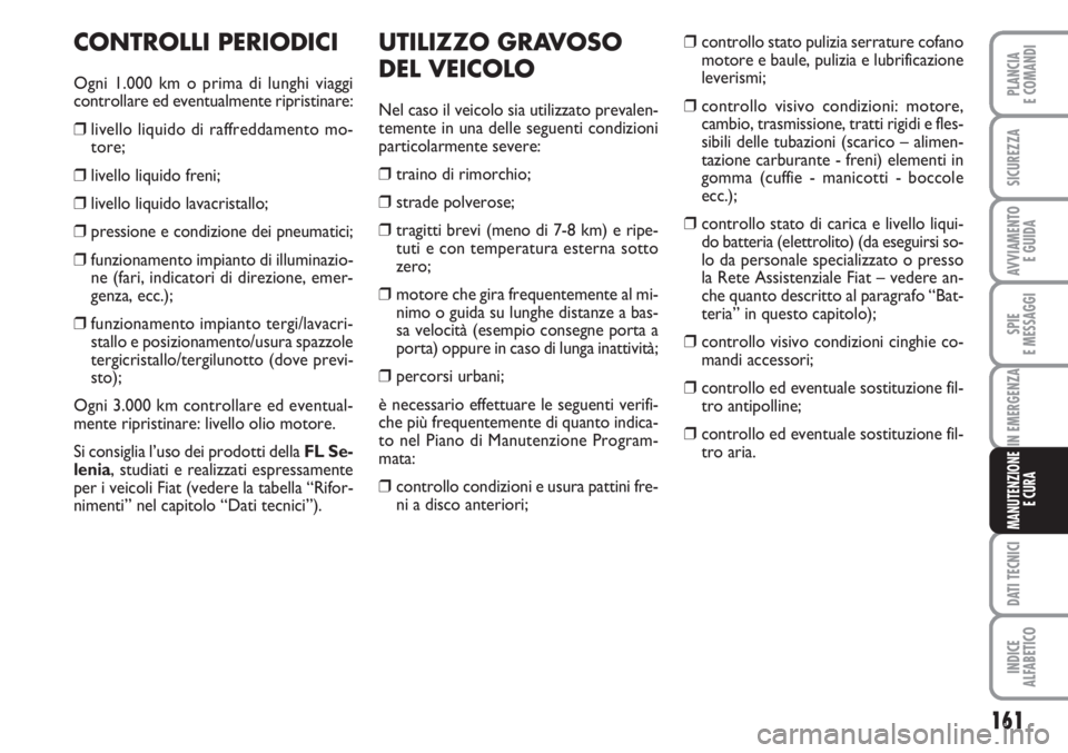 FIAT FIORINO 2007  Libretto Uso Manutenzione (in Italian) 161
SPIE
E MESSAGGI
DATI TECNICI
INDICE
ALFABETICO
PLANCIA
E COMANDI
SICUREZZA
AVVIAMENTO 
E GUIDA
IN EMERGENZA
MANUTENZIONE
E CURA
CONTROLLI PERIODICI
Ogni 1.000 km o prima di lunghi viaggi
controlla