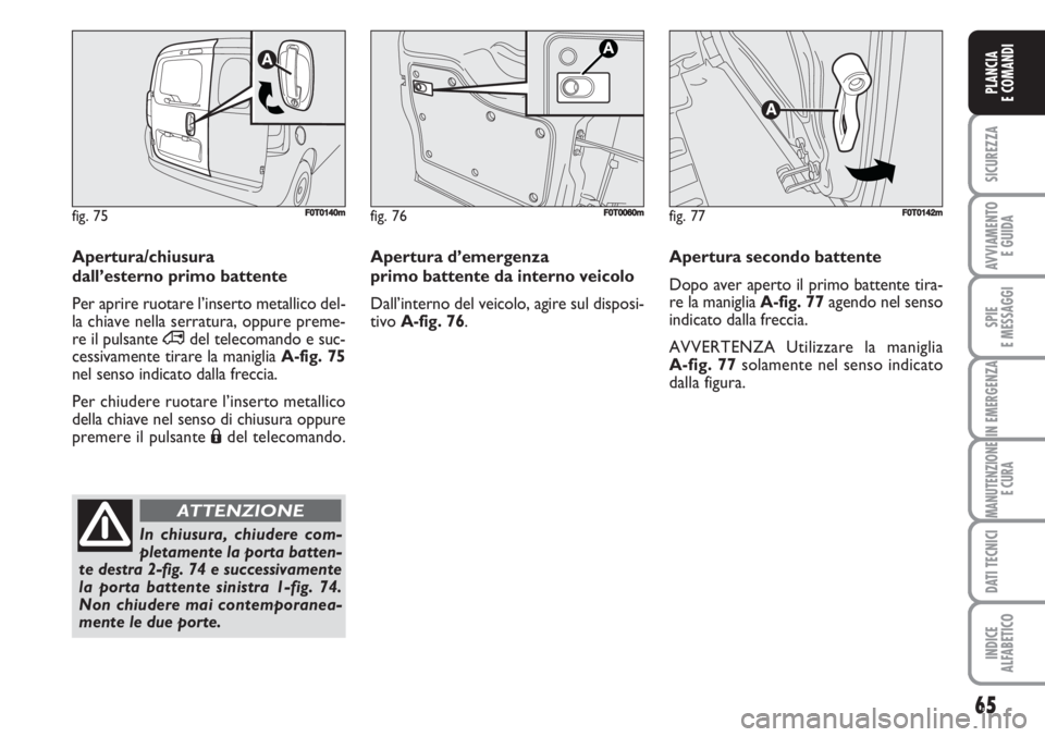 FIAT FIORINO 2007  Libretto Uso Manutenzione (in Italian) 65
SICUREZZA
AVVIAMENTO 
E GUIDA
SPIE
E MESSAGGI
IN EMERGENZA
MANUTENZIONE
E CURA
DATI TECNICI
INDICE
ALFABETICO
PLANCIA
E COMANDI
Apertura d’emergenza 
primo battente da interno veicolo
Dall’inte