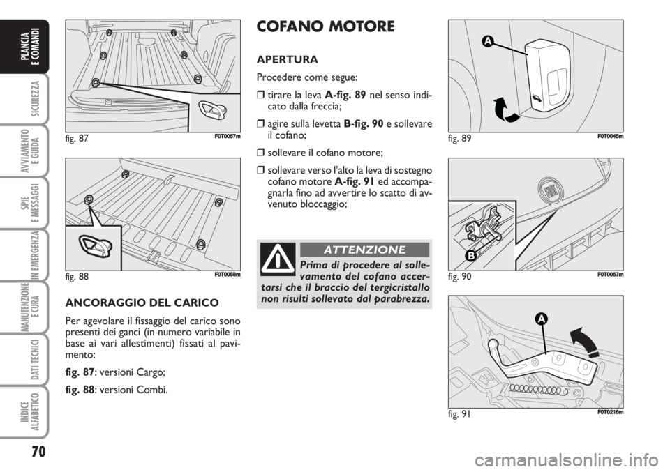 FIAT FIORINO 2007  Libretto Uso Manutenzione (in Italian) 70
SICUREZZA
AVVIAMENTO 
E GUIDA
SPIE
E MESSAGGI
IN EMERGENZA
MANUTENZIONE
E CURA 
DATI TECNICI
INDICE
ALFABETICO
PLANCIA
E COMANDI
fig. 89FF0T0045m
fig. 90F0T0067m
fig. 91
A
F0T0216m
Prima di procede