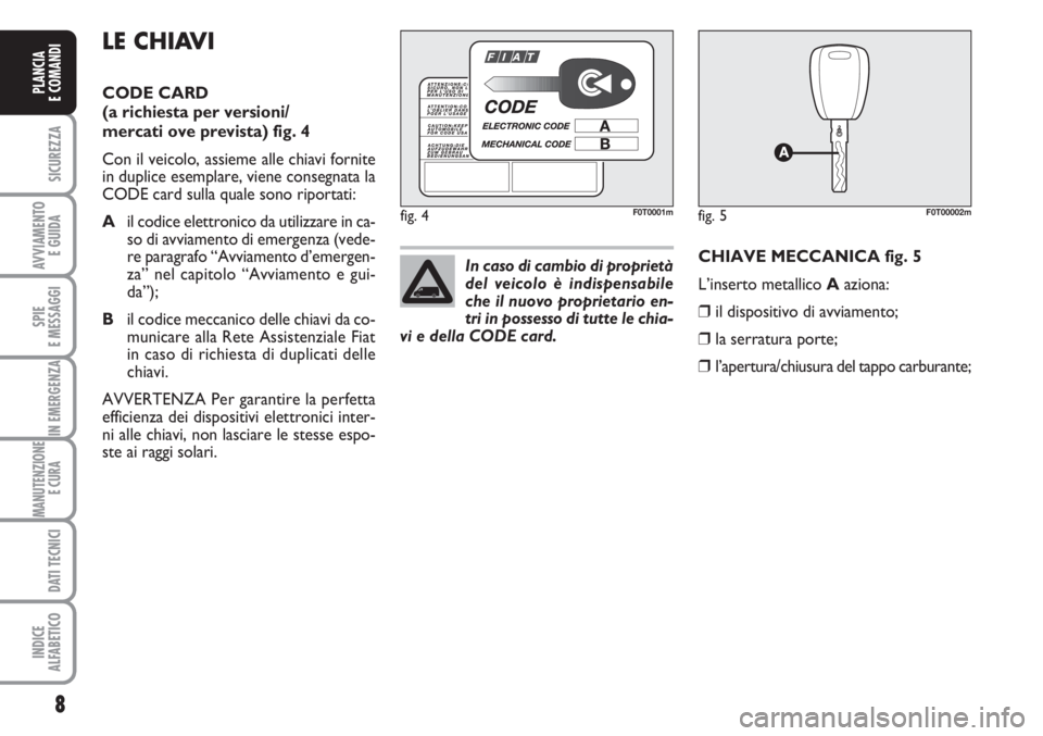 FIAT FIORINO 2007  Libretto Uso Manutenzione (in Italian) 8
SICUREZZA
AVVIAMENTO 
E GUIDA
SPIE
E MESSAGGI
IN EMERGENZA
MANUTENZIONE
E CURA 
DATI TECNICI
INDICE
ALFABETICO
PLANCIA
E COMANDI
LE CHIAVI
CODE CARD 
(a richiesta per versioni/
mercati ove prevista)