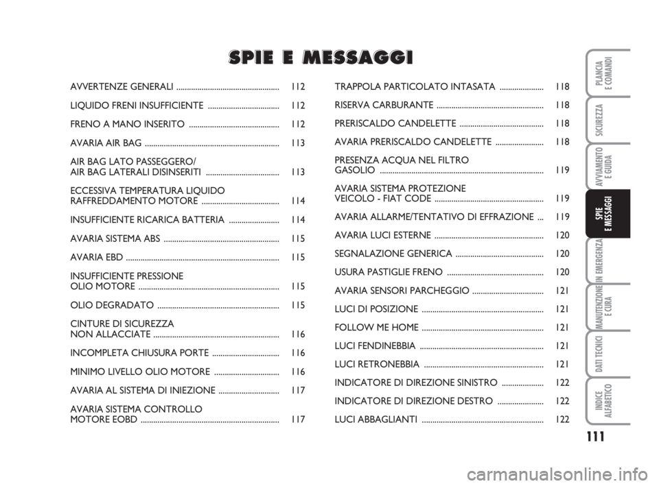 FIAT FIORINO 2008  Libretto Uso Manutenzione (in Italian) 111
IN EMERGENZA
MANUTENZIONE
E CURA
DATI TECNICI
INDICE
ALFABETICO
PLANCIA
E COMANDI
SICUREZZA
AVVIAMENTO 
E GUIDA
SPIE
E MESSAGGI
AVVERTENZE GENERALI.................................................