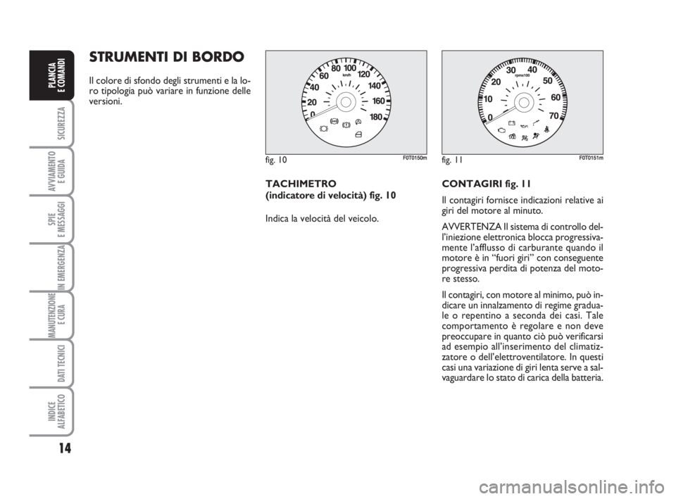 FIAT FIORINO 2009  Libretto Uso Manutenzione (in Italian) STRUMENTI DI BORDO
Il colore di sfondo degli strumenti e la lo-
ro tipologia può variare in funzione delle
versioni.
TACHIMETRO 
(indicatore di velocità) fig. 10
Indica la velocità del veicolo.CONT
