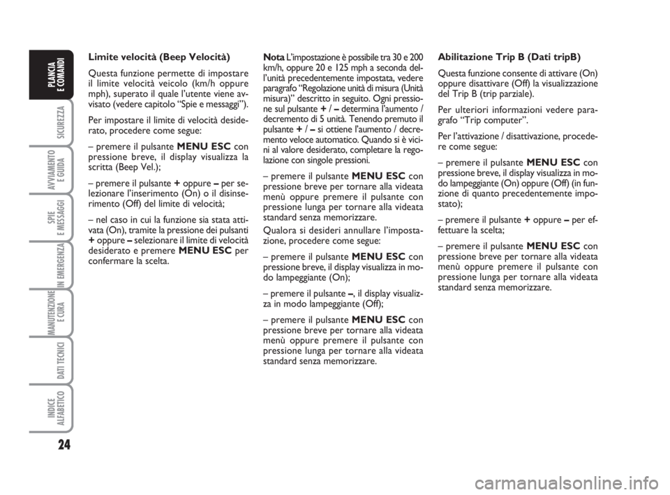 FIAT FIORINO 2009  Libretto Uso Manutenzione (in Italian) 24
SICUREZZA
AVVIAMENTO 
E GUIDA
SPIE
E MESSAGGI
IN EMERGENZA
MANUTENZIONE
E CURA 
DATI TECNICI
INDICE
ALFABETICO
PLANCIA
E COMANDI
NotaL’impostazione è possibile tra 30 e 200
km/h, oppure 20 e 125