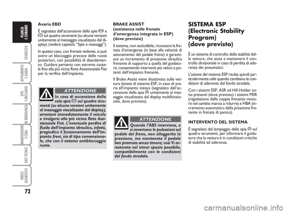 FIAT FIORINO 2009  Libretto Uso Manutenzione (in Italian) 72
SICUREZZA
AVVIAMENTO 
E GUIDA
SPIE
E MESSAGGI
IN EMERGENZA
MANUTENZIONE
E CURA 
DATI TECNICI
INDICE
ALFABETICO
PLANCIA
E COMANDI
Avaria EBD
È segnalata dall’accensione della spie 
>exsul quadro 