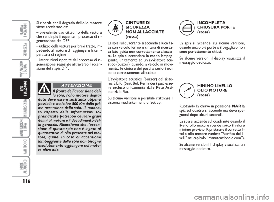 FIAT FIORINO 2013  Libretto Uso Manutenzione (in Italian) 116
IN EMERGENZA
MANUTENZIONE
E CURA 
DATI TECNICI
INDICE
ALFABETICO
PLANCIA
E COMANDI
SICUREZZA
AVVIAMENTO 
E GUIDA
SPIE
E MESSAGGI
CINTURE DI
SICUREZZA 
NON ALLACCIATE 
(rossa)
La spia sul quadrante