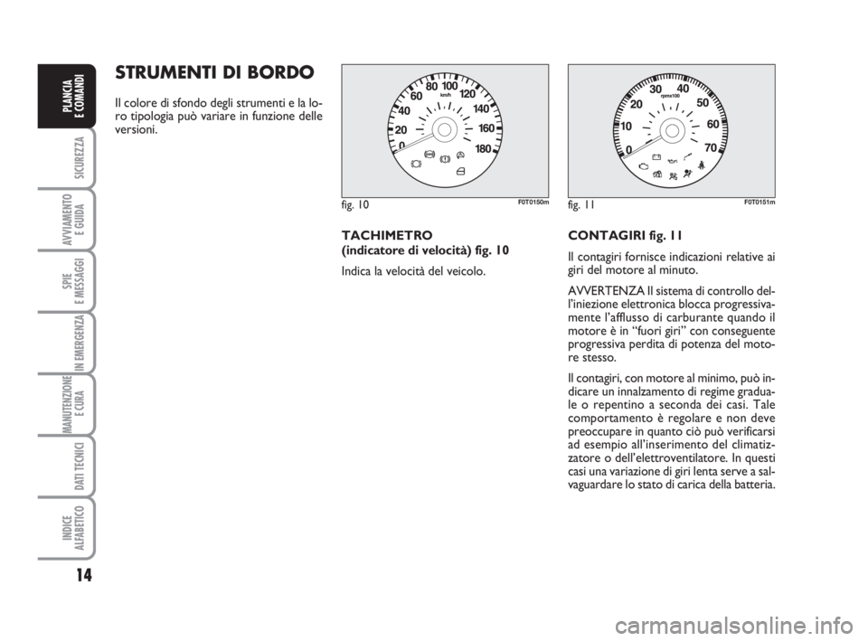 FIAT FIORINO 2014  Libretto Uso Manutenzione (in Italian) STRUMENTI DI BORDO
Il colore di sfondo degli strumenti e la lo-
ro tipologia può variare in funzione delle
versioni.
TACHIMETRO 
(indicatore di velocità) fig. 10
Indica la velocità del veicolo.CONT