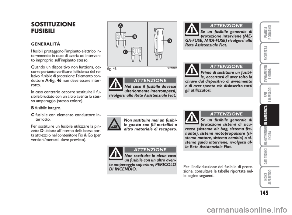 FIAT FIORINO 2013  Libretto Uso Manutenzione (in Italian) 145
SPIE
E MESSAGGI
MANUTENZIONE
E CURA
DATI TECNICI
INDICE
ALFABETICO
PLANCIA
E COMANDI
SICUREZZA
AVVIAMENTO 
E GUIDA
IN EMERGENZA
SOSTITUZIONE
FUSIBILI
GENERALITÀ 
I fusibili proteggono l’impiant