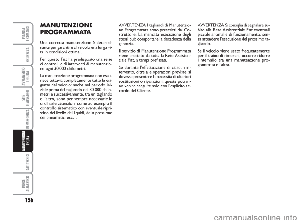 FIAT FIORINO 2010  Libretto Uso Manutenzione (in Italian) 156
SPIE
E MESSAGGI
DATI TECNICI
INDICE
ALFABETICO
PLANCIA
E COMANDI
SICUREZZA
AVVIAMENTO 
E GUIDA
IN EMERGENZA
MANUTENZIONE
E CURA 
MANUTENZIONE
PROGRAMMATA
Una corretta manutenzione è determi-
nant