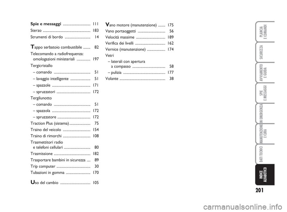FIAT FIORINO 2013  Libretto Uso Manutenzione (in Italian) 201
SPIE
E MESSAGGI
PLANCIA
E COMANDI
SICUREZZA
AVVIAMENTO 
E GUIDA
IN EMERGENZA
MANUTENZIONE
E CURA
DATI TECNICI
INDICE
ALFABETICO
Spie e messaggi.............................. 111
Sterzo ...........