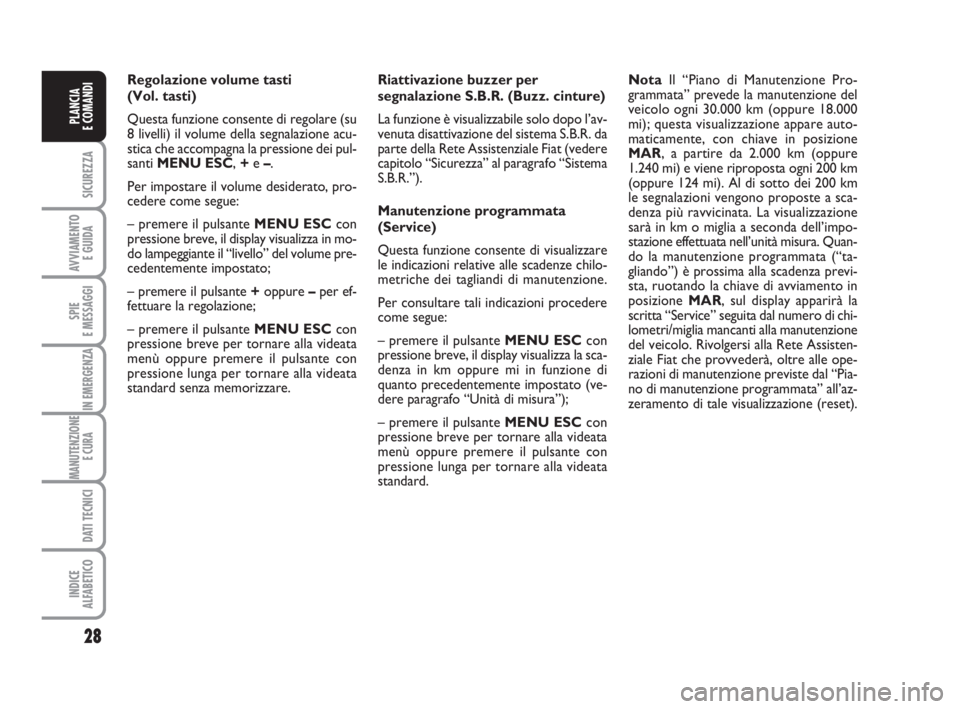FIAT FIORINO 2012  Libretto Uso Manutenzione (in Italian) 28
SICUREZZA
AVVIAMENTO 
E GUIDA
SPIE
E MESSAGGI
IN EMERGENZA
MANUTENZIONE
E CURA 
DATI TECNICI
INDICE
ALFABETICO
PLANCIA
E COMANDI
Regolazione volume tasti 
(Vol. tasti)
Questa funzione consente di r