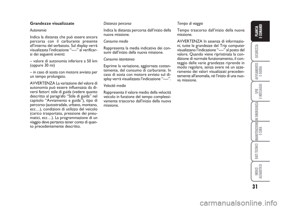 FIAT FIORINO 2013  Libretto Uso Manutenzione (in Italian) 31
SICUREZZA
AVVIAMENTO 
E GUIDA
SPIE
E MESSAGGI
IN EMERGENZA
MANUTENZIONE
E CURA
DATI TECNICI
INDICE
ALFABETICO
PLANCIA
E COMANDI
Grandezze visualizzate
Autonomia
Indica la distanza che può essere a