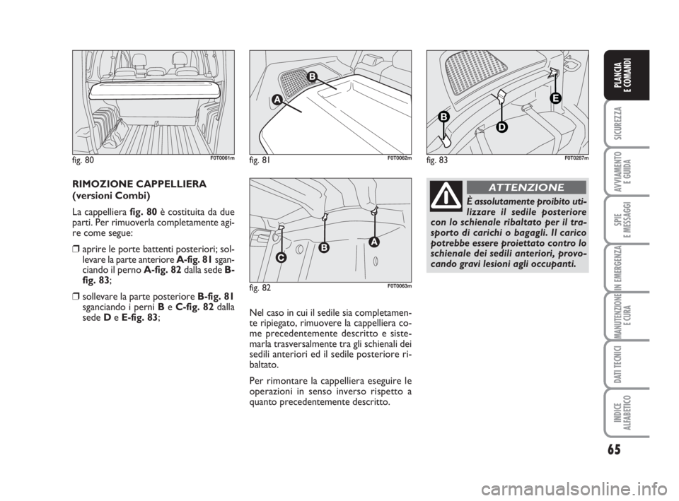 FIAT FIORINO 2013  Libretto Uso Manutenzione (in Italian) 65
SICUREZZA
AVVIAMENTO 
E GUIDA
SPIE
E MESSAGGI
IN EMERGENZA
MANUTENZIONE
E CURA
DATI TECNICI
INDICE
ALFABETICO
PLANCIA
E COMANDI
RIMOZIONE CAPPELLIERA
(versioni Combi)
La cappelliera fig. 80è costi