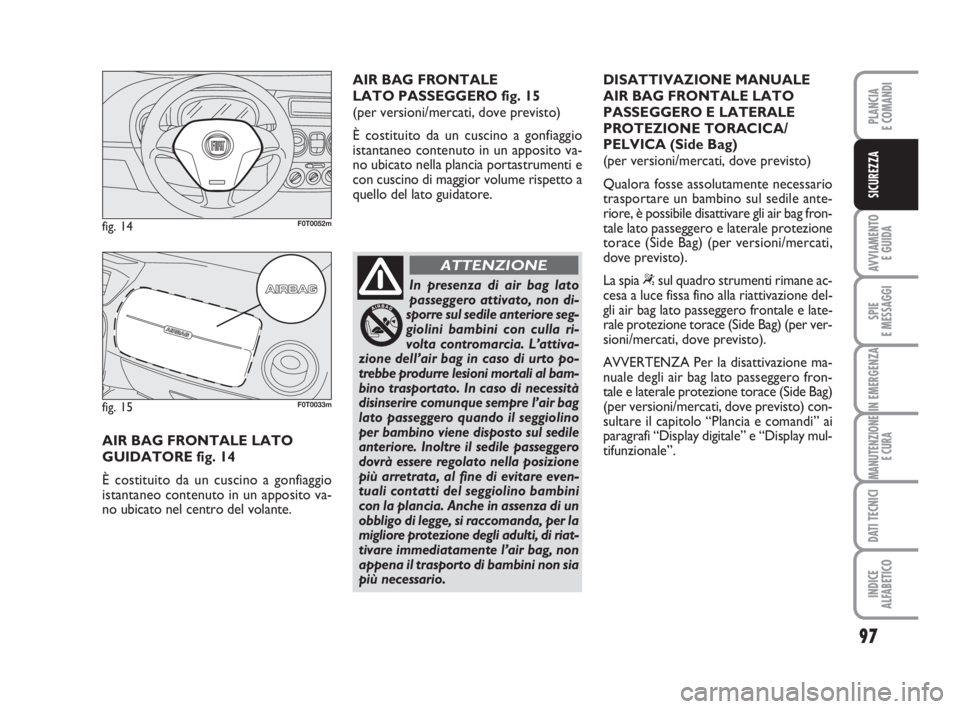 FIAT FIORINO 2013  Libretto Uso Manutenzione (in Italian) 97
AVVIAMENTO 
E GUIDA
SPIE
E MESSAGGI
IN EMERGENZA
MANUTENZIONE
E CURA
DATI TECNICI
INDICE
ALFABETICO
PLANCIA
E COMANDI
SICUREZZA
AIR BAG FRONTALE LATO 
GUIDATORE fig. 14
È costituito da un cuscino 