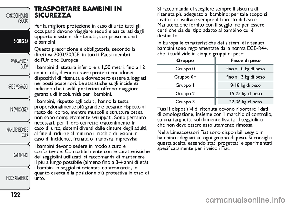 FIAT FIORINO 2017  Libretto Uso Manutenzione (in Italian) TRASPORTARE BAMBINI IN
SICUREZZA
Per la migliore protezione in caso di urto tutti gli
occupanti devono viaggiare seduti e assicurati dagli
opportuni sistemi di ritenuta, compreso neonati
e bambini!
Qu