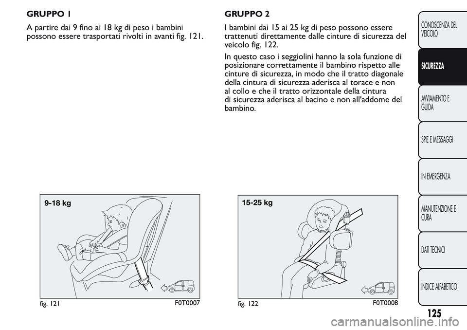 FIAT FIORINO 2017  Libretto Uso Manutenzione (in Italian) GRUPPO 1
A partire dai 9 fino ai 18 kg di peso i bambini
possono essere trasportati rivolti in avanti fig. 121.GRUPPO 2
I bambini dai 15 ai 25 kg di peso possono essere
trattenuti direttamente dalle c