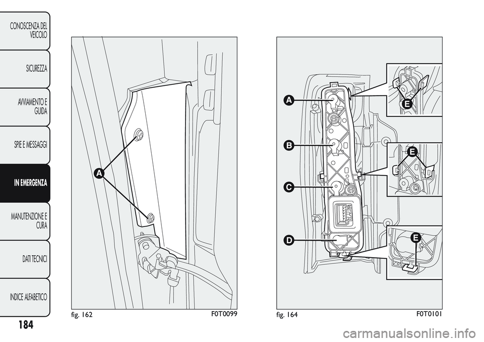 FIAT FIORINO 2017 Libretto Uso Manutenzione (in Italian) fig. 162F0T0099fig. 164F0T0101
184
CONOSCENZA DEL
VEICOLO
SICUREZZA
AVVIAMENTO E
GUIDA
SPIE E MESSAGGI
IN EMERGENZA
MANUTENZIONE E
CURA
DATI TECNICI
INDICE ALFABETICO FIAT FIORINO 2017 Libretto Uso Manutenzione (in Italian) fig. 162F0T0099fig. 164F0T0101
184
CONOSCENZA DEL
VEICOLO
SICUREZZA
AVVIAMENTO E
GUIDA
SPIE E MESSAGGI
IN EMERGENZA
MANUTENZIONE E
CURA
DATI TECNICI
INDICE ALFABETICO
