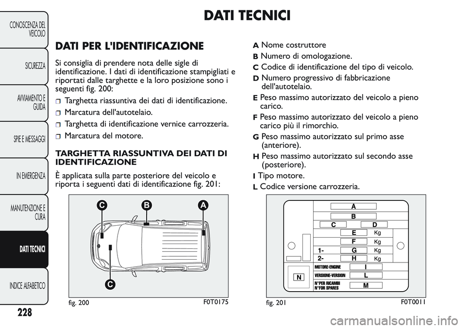 FIAT FIORINO 2017 Libretto Uso Manutenzione (in Italian) DATI TECNICI
DATI PER L'IDENTIFICAZIONE
Si consiglia di prendere nota delle sigle di
identificazione. I dati di identificazione stampigliati e
riportati dalle targhette e la loro posizione sono i
FIAT FIORINO 2017 Libretto Uso Manutenzione (in Italian) DATI TECNICI
DATI PER L'IDENTIFICAZIONE
Si consiglia di prendere nota delle sigle di
identificazione. I dati di identificazione stampigliati e
riportati dalle targhette e la loro posizione sono i
