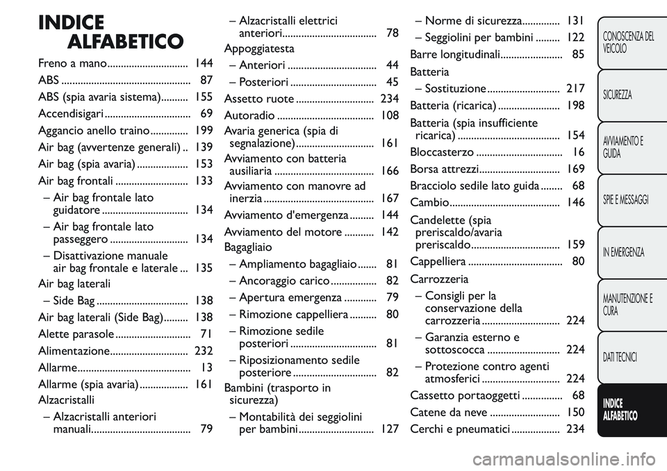 FIAT FIORINO 2017 Libretto Uso Manutenzione (in Italian) INDICE
ALFABETICO
Freno a mano.............................. 144
ABS ................................................ 87
ABS (spia avaria sistema).......... 155
Accendisigari ......................... FIAT FIORINO 2017 Libretto Uso Manutenzione (in Italian) INDICE
ALFABETICO
Freno a mano.............................. 144
ABS ................................................ 87
ABS (spia avaria sistema).......... 155
Accendisigari .........................