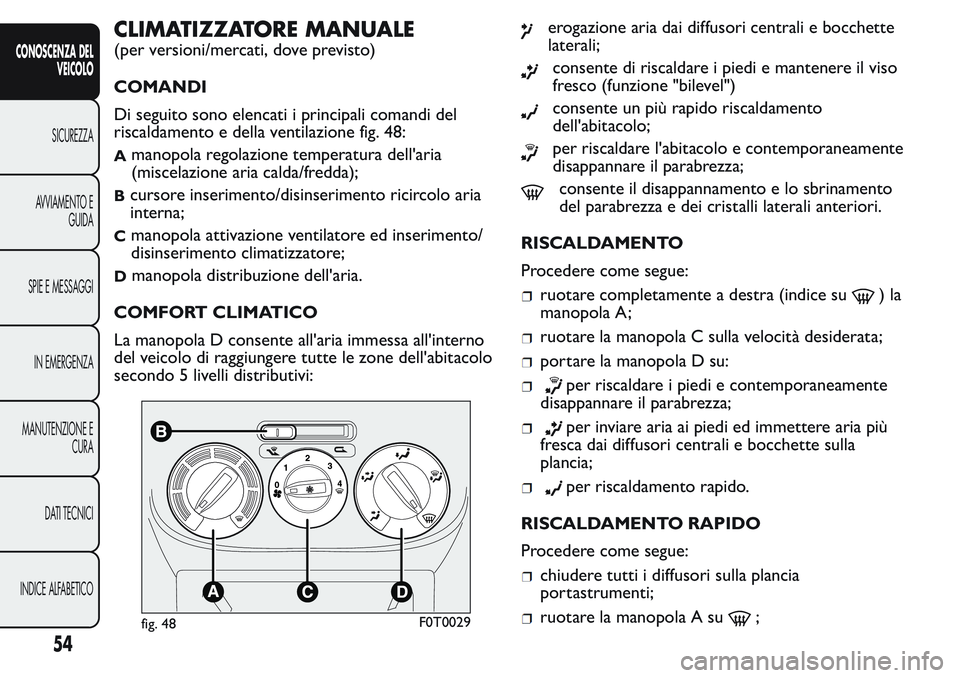 FIAT FIORINO 2017 Libretto Uso Manutenzione (in Italian) CLIMATIZZATORE MANUALE
(per versioni/mercati, dove previsto)
COMANDI
Di seguito sono elencati i principali comandi del
riscaldamento e della ventilazione fig. 48:
Amanopola regolazione temperatura del FIAT FIORINO 2017 Libretto Uso Manutenzione (in Italian) CLIMATIZZATORE MANUALE
(per versioni/mercati, dove previsto)
COMANDI
Di seguito sono elencati i principali comandi del
riscaldamento e della ventilazione fig. 48:
Amanopola regolazione temperatura del