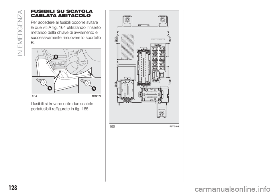 FIAT FIORINO 2018 Libretto Uso Manutenzione (in Italian) FUSIBILI SU SCATOLA
CABLATA ABITACOLO
Per accedere ai fusibili occorre svitare
le due viti A fig. 164 utilizzando l'inserto
metallico della chiave di avviamento e
successivamente rimuovere lo spor FIAT FIORINO 2018 Libretto Uso Manutenzione (in Italian) FUSIBILI SU SCATOLA
CABLATA ABITACOLO
Per accedere ai fusibili occorre svitare
le due viti A fig. 164 utilizzando l'inserto
metallico della chiave di avviamento e
successivamente rimuovere lo spor