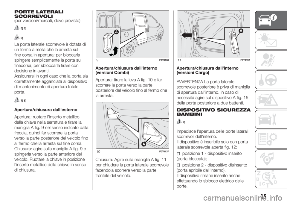 FIAT FIORINO 2018  Libretto Uso Manutenzione (in Italian) PORTE LATERALI
SCORREVOLI
(per versioni/mercati, dove previsto)
5) 6)
2)
La porta laterale scorrevole è dotata di
un fermo a molla che la arresta sul
fine corsa in apertura: per bloccarla
spingere se