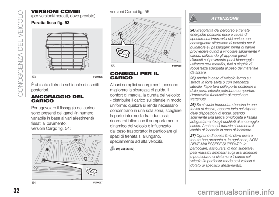 FIAT FIORINO 2018  Libretto Uso Manutenzione (in Italian) VERSIONI COMBI
(per versioni/mercati, dove previsto)
Paratia fissa fig. 53
È ubicata dietro lo schienale dei sedili
posteriori.
ANCORAGGIO DEL
CARICO
Per agevolare il fissaggio del carico
sono presen