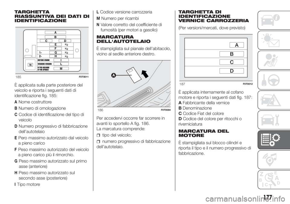 FIAT FIORINO 2019 Libretto Uso Manutenzione (in Italian) TARGHETTA
RIASSUNTIVA DEI DATI DI
IDENTIFICAZIONE
È applicata sulla parte posteriore del
veicolo e riporta i seguenti dati di
identificazione fig. 185:
ANome costruttore
BNumero di omologazione
CCodi FIAT FIORINO 2019 Libretto Uso Manutenzione (in Italian) TARGHETTA
RIASSUNTIVA DEI DATI DI
IDENTIFICAZIONE
È applicata sulla parte posteriore del
veicolo e riporta i seguenti dati di
identificazione fig. 185:
ANome costruttore
BNumero di omologazione
CCodi