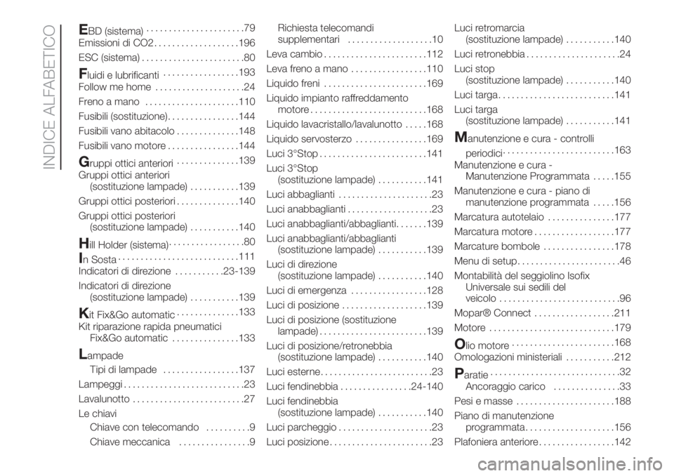 FIAT FIORINO 2019  Libretto Uso Manutenzione (in Italian) EBD (sistema)......................79
Emissioni di CO2...................196
ESC (sistema).......................80
Fluidi e lubrificanti.................193
Follow me home....................24
Freno