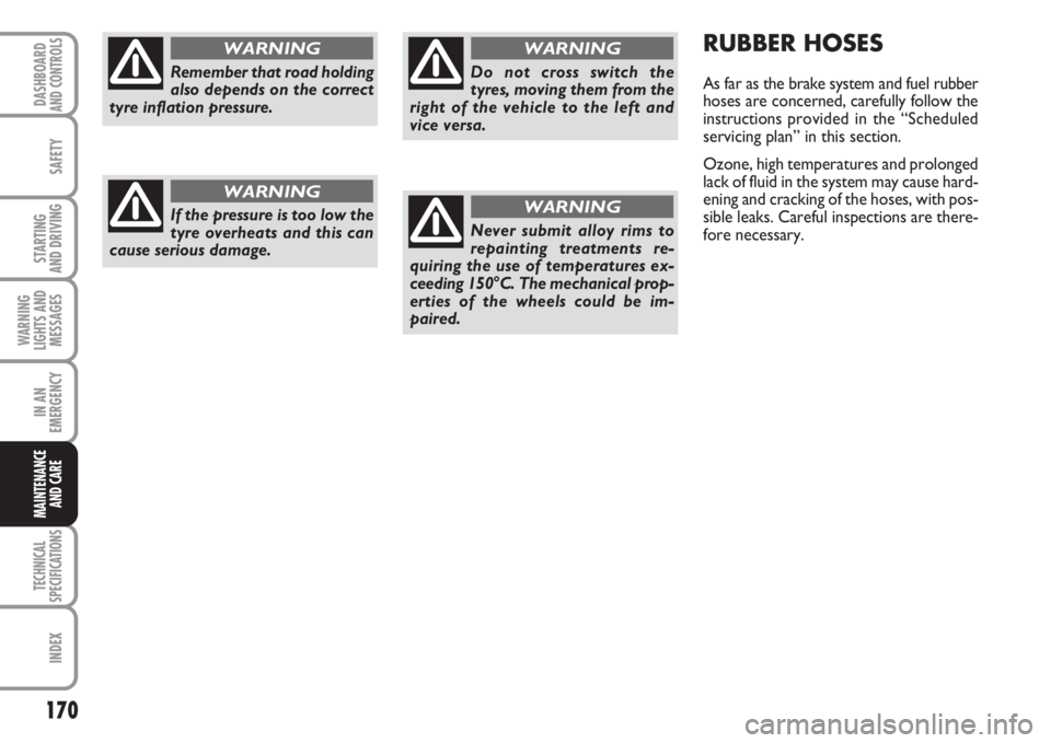 FIAT FIORINO 2007 Owner handbook (in English) 170
SAFETY
TECHNICAL
SPECIFICATIONS
INDEX
DASHBOARDAND CONTROLS
STARTING
AND DRIVING
WARNING
LIGHTS AND
MESSAGES
IN AN
EMERGENCY
MAINTENANCE
AND CARE
RUBBER HOSES
As far as the brake system and fuel FIAT FIORINO 2007 Owner handbook (in English) 170
SAFETY
TECHNICAL
SPECIFICATIONS
INDEX
DASHBOARDAND CONTROLS
STARTING
AND DRIVING
WARNING
LIGHTS AND
MESSAGES
IN AN
EMERGENCY
MAINTENANCE
AND CARE
RUBBER HOSES
As far as the brake system and fuel