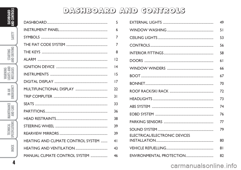 FIAT FIORINO 2007  Owner handbook (in English) 4
SAFETY
STARTING 
AND DRIVING
WARNING
LIGHTS AND
MESSAGES
IN AN
EMERGENCY
MAINTENANCE
AND CARE 
TECHNICAL
SPECIFICATIONS
INDEX
DASHBOARD
AND CONTROLSDASHBOARD.........................................