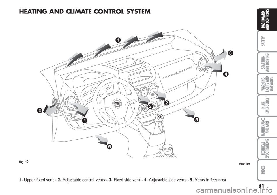 FIAT FIORINO 2007 Owner handbook (in English) 41
SAFETY
STARTING
AND DRIVING
WARNING
LIGHTS AND
MESSAGES
IN AN
EMERGENCY
MAINTENANCE
AND CARE
TECHNICAL
SPECIFICATIONS
INDEX
DASHBOARD
AND CONTROLS
HEATING AND CLIMATE CONTROL SYSTEM
fig. 42F0T014 FIAT FIORINO 2007 Owner handbook (in English) 41
SAFETY
STARTING
AND DRIVING
WARNING
LIGHTS AND
MESSAGES
IN AN
EMERGENCY
MAINTENANCE
AND CARE
TECHNICAL
SPECIFICATIONS
INDEX
DASHBOARD
AND CONTROLS
HEATING AND CLIMATE CONTROL SYSTEM
fig. 42F0T014