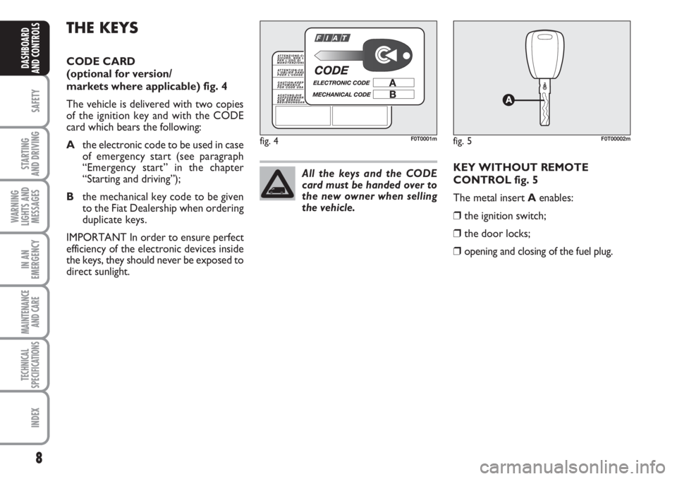 FIAT FIORINO 2007  Owner handbook (in English) 8
SAFETY
STARTING 
AND DRIVING
WARNING
LIGHTS AND
MESSAGES
IN AN
EMERGENCY
MAINTENANCE
AND CARE 
TECHNICAL
SPECIFICATIONS
INDEX
DASHBOARD
AND CONTROLS
THE KEYS
CODE CARD
(optional for version/
markets