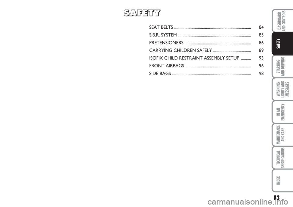 FIAT FIORINO 2007  Owner handbook (in English) 83
STARTING 
AND DRIVING
WARNING
LIGHTS AND
MESSAGES
IN AN
EMERGENCY
MAINTENANCE
AND CARE 
TECHNICAL
SPECIFICATIONS
INDEX
DASHBOARDAND CONTROLS
SAFETY
SEAT BELTS.......................................