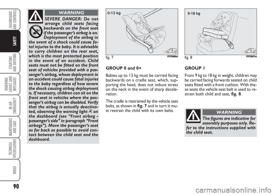 FIAT FIORINO 2007  Owner handbook (in English) 90
STARTING 
AND DRIVING
WARNING
LIGHTS AND
MESSAGES
IN AN
EMERGENCY
MAINTENANCE
AND CARE 
TECHNICAL
SPECIFICATIONS
INDEX
DASHBOARDAND CONTROLS
SAFETY
SEVERE DANGER: Do not
arrange child seats facing
