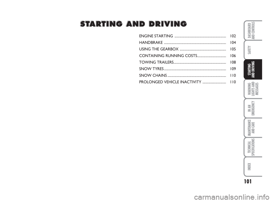 FIAT FIORINO 2008  Owner handbook (in English) 101
SAFETY
WARNING
LIGHTS AND
MESSAGES
IN AN
EMERGENCY
MAINTENANCE
AND CARE 
TECHNICAL
SPECIFICATIONS
INDEX
DASHBOARDAND CONTROLS
STARTING 
AND DRIVING
ENGINE STARTING ................................