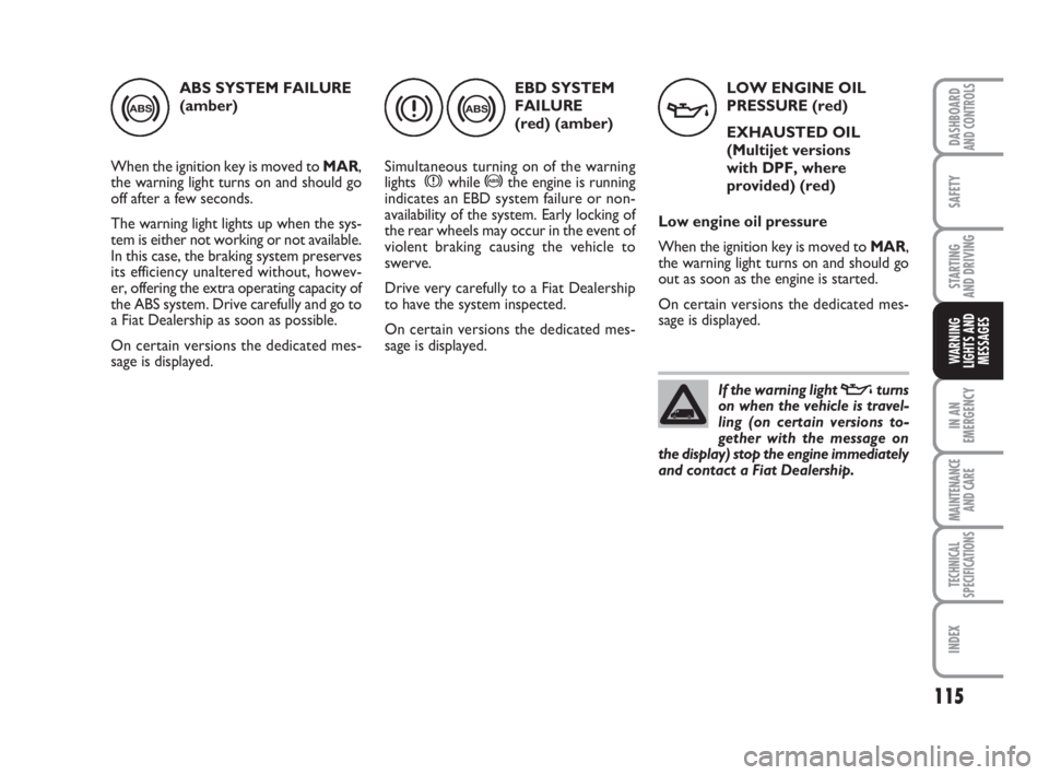 FIAT FIORINO 2008  Owner handbook (in English) 115
SAFETY
IN AN
EMERGENCY
MAINTENANCE
AND CARE 
TECHNICAL
SPECIFICATIONS
INDEX
DASHBOARDAND CONTROLS
STARTING 
AND DRIVING
WARNING
LIGHTS AND
MESSAGES
ABS SYSTEM FAILURE
(amber)
When the ignition key