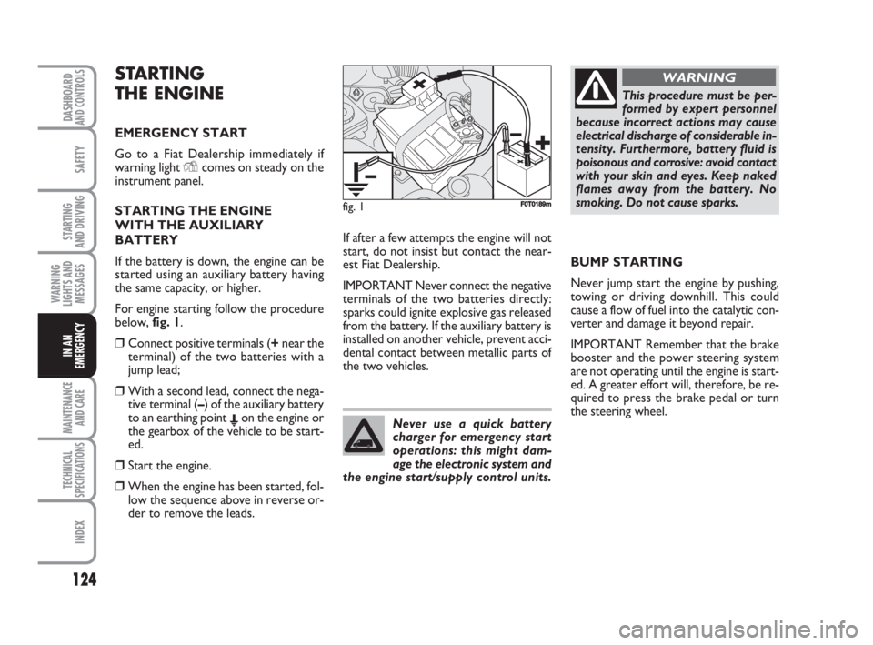 FIAT FIORINO 2008  Owner handbook (in English) 124
SAFETY
MAINTENANCE
AND CARE 
TECHNICAL
SPECIFICATIONS
INDEX
DASHBOARDAND CONTROLS
STARTING 
AND DRIVING
WARNING
LIGHTS AND
MESSAGES
IN AN
EMERGENCY
STARTING 
THE ENGINE
EMERGENCY START
Go to a Fia