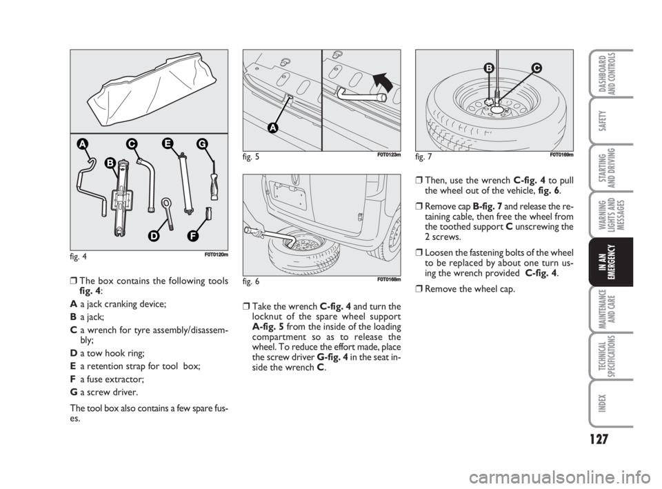 FIAT FIORINO 2008 Owner handbook (in English) 127
SAFETY
MAINTENANCE
AND CARE
TECHNICAL
SPECIFICATIONS
INDEX
DASHBOARDAND CONTROLS
STARTING
AND DRIVING
WARNING
LIGHTS AND
MESSAGES
IN AN
EMERGENCY
fig. 4FF0T0120m
❒Take the wrench C-fig. 4and t FIAT FIORINO 2008 Owner handbook (in English) 127
SAFETY
MAINTENANCE
AND CARE
TECHNICAL
SPECIFICATIONS
INDEX
DASHBOARDAND CONTROLS
STARTING
AND DRIVING
WARNING
LIGHTS AND
MESSAGES
IN AN
EMERGENCY
fig. 4FF0T0120m
❒Take the wrench C-fig. 4and t