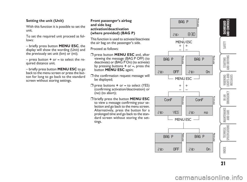 FIAT FIORINO 2008  Owner handbook (in English) 21
SAFETY
STARTING 
AND DRIVING
WARNING
LIGHTS AND
MESSAGES
IN AN
EMERGENCY
MAINTENANCE
AND CARE 
TECHNICAL
SPECIFICATIONS
INDEX
DASHBOARD
AND CONTROLS
Setting the unit (Unit)
With this function it is