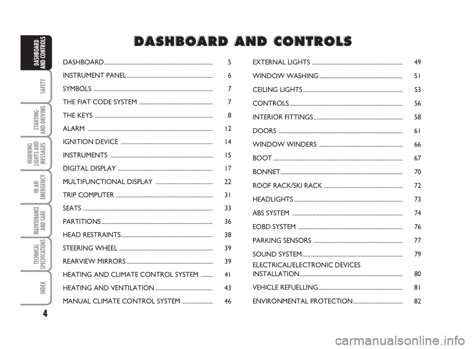 FIAT FIORINO 2008  Owner handbook (in English) 4
SAFETY
STARTING 
AND DRIVING
WARNING
LIGHTS AND
MESSAGES
IN AN
EMERGENCY
MAINTENANCE
AND CARE 
TECHNICAL
SPECIFICATIONS
INDEX
DASHBOARD
AND CONTROLSDASHBOARD.........................................