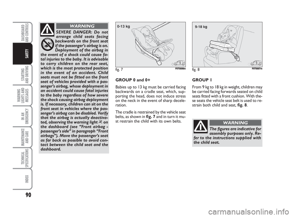 FIAT FIORINO 2008  Owner handbook (in English) 90
STARTING 
AND DRIVING
WARNING
LIGHTS AND
MESSAGES
IN AN
EMERGENCY
MAINTENANCE
AND CARE 
TECHNICAL
SPECIFICATIONS
INDEX
DASHBOARDAND CONTROLS
SAFETY
SEVERE DANGER: Do not
arrange child seats facing
