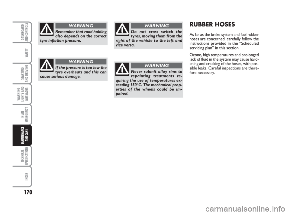 FIAT FIORINO 2009 Owner handbook (in English) 170
SAFETY
TECHNICAL
SPECIFICATIONS
INDEX
DASHBOARDAND CONTROLS
STARTING
AND DRIVING
WARNING
LIGHTS AND
MESSAGES
IN AN
EMERGENCY
MAINTENANCE
AND CARE
RUBBER HOSES
As far as the brake system and fuel FIAT FIORINO 2009 Owner handbook (in English) 170
SAFETY
TECHNICAL
SPECIFICATIONS
INDEX
DASHBOARDAND CONTROLS
STARTING
AND DRIVING
WARNING
LIGHTS AND
MESSAGES
IN AN
EMERGENCY
MAINTENANCE
AND CARE
RUBBER HOSES
As far as the brake system and fuel