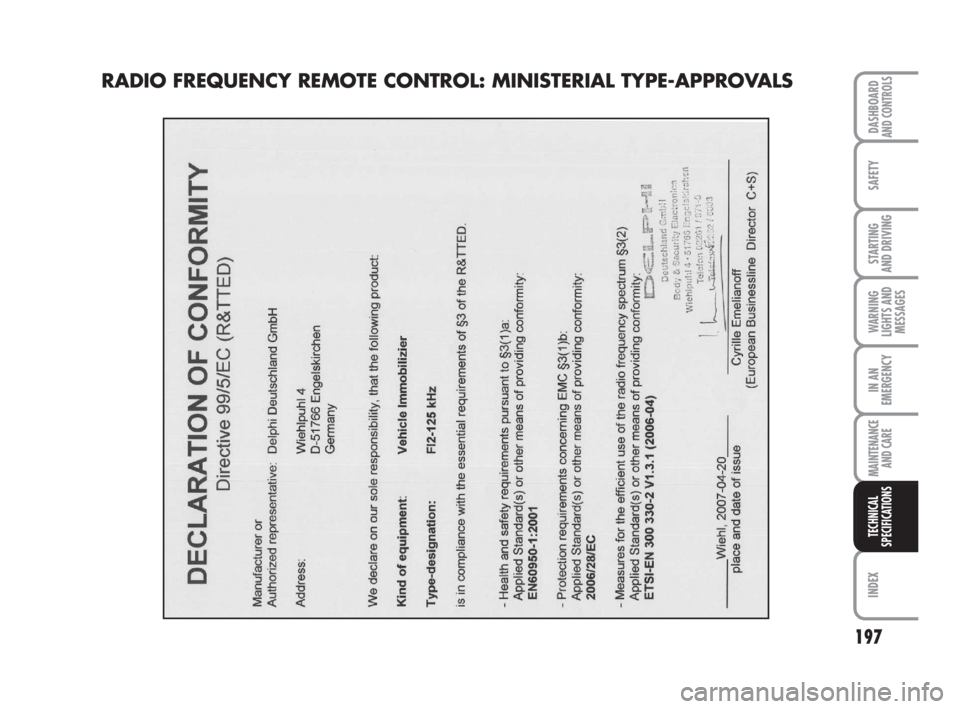 FIAT FIORINO 2009 Owner handbook (in English) 197
SAFETY
INDEX
DASHBOARDAND CONTROLS
STARTING
AND DRIVING
WARNING
LIGHTS AND
MESSAGES
IN AN
EMERGENCY
MAINTENANCE
AND CARE
TECHNICAL
SPECIFICATIONS
RADIO FREQUENCY REMOTE CONTROL: MINISTERIAL TYPE FIAT FIORINO 2009 Owner handbook (in English) 197
SAFETY
INDEX
DASHBOARDAND CONTROLS
STARTING
AND DRIVING
WARNING
LIGHTS AND
MESSAGES
IN AN
EMERGENCY
MAINTENANCE
AND CARE
TECHNICAL
SPECIFICATIONS
RADIO FREQUENCY REMOTE CONTROL: MINISTERIAL TYPE