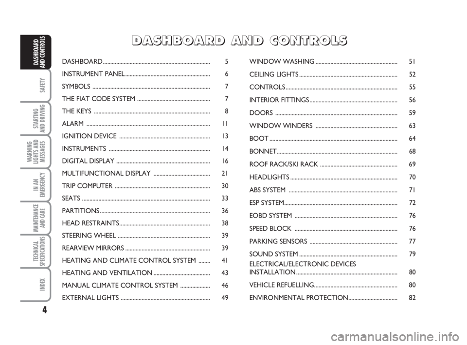 FIAT FIORINO 2009  Owner handbook (in English) 4
SAFETY
STARTING 
AND DRIVING
WARNING
LIGHTS AND
MESSAGES
IN AN
EMERGENCY
MAINTENANCE
AND CARE 
TECHNICAL
SPECIFICATIONS
INDEX
DASHBOARD
AND CONTROLSDASHBOARD.........................................